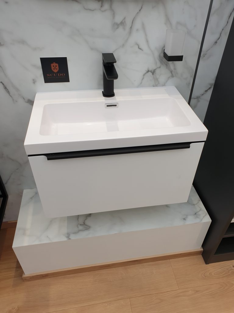 One of the sinks in the travelling bathroom showroom