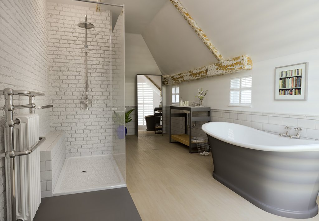 A a modern twist on a vintage bathroom with a roll top bath and walk in shower