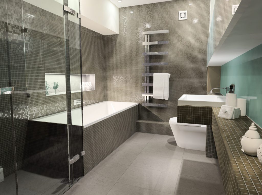 a sophisticated mosaic tiled bathroom with clean lines and modern radiator