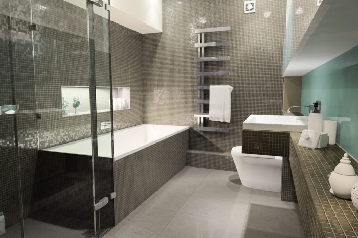 a sophisticated mosaic tiled bathroom with clean lines and modern radiator