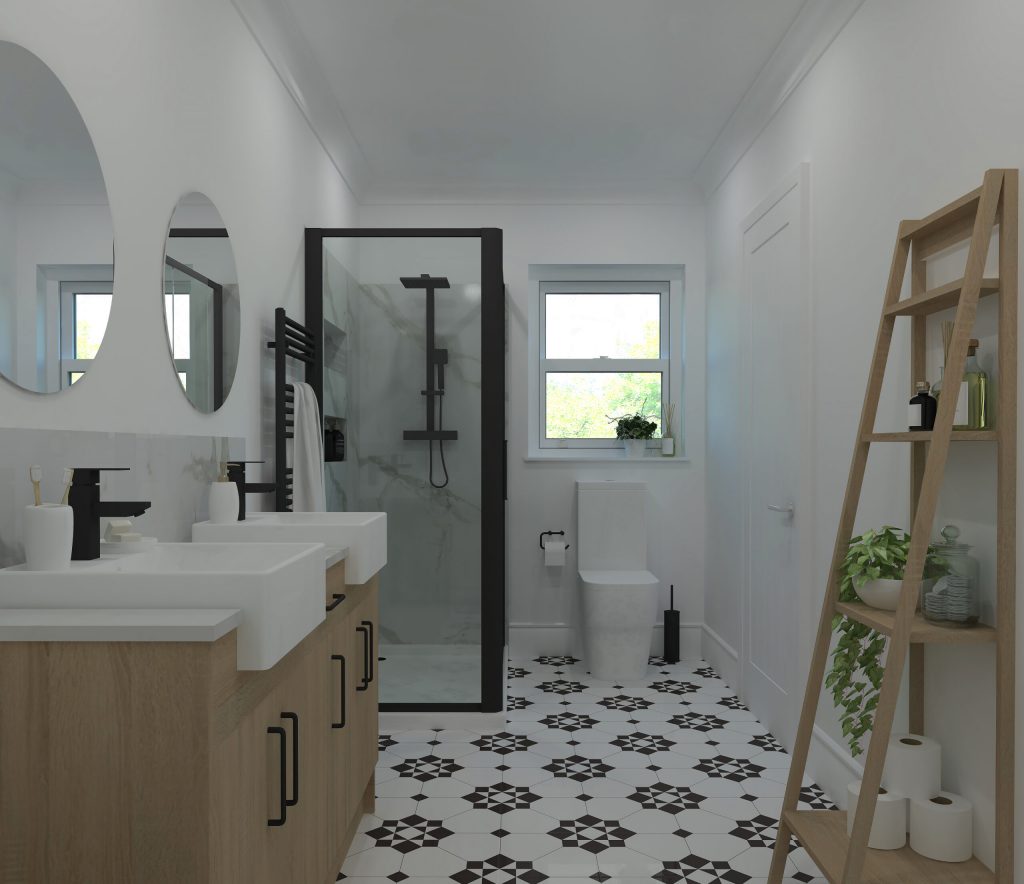 A contemporary clack and white bathroom with twin sink and bamboo style twin sink storage