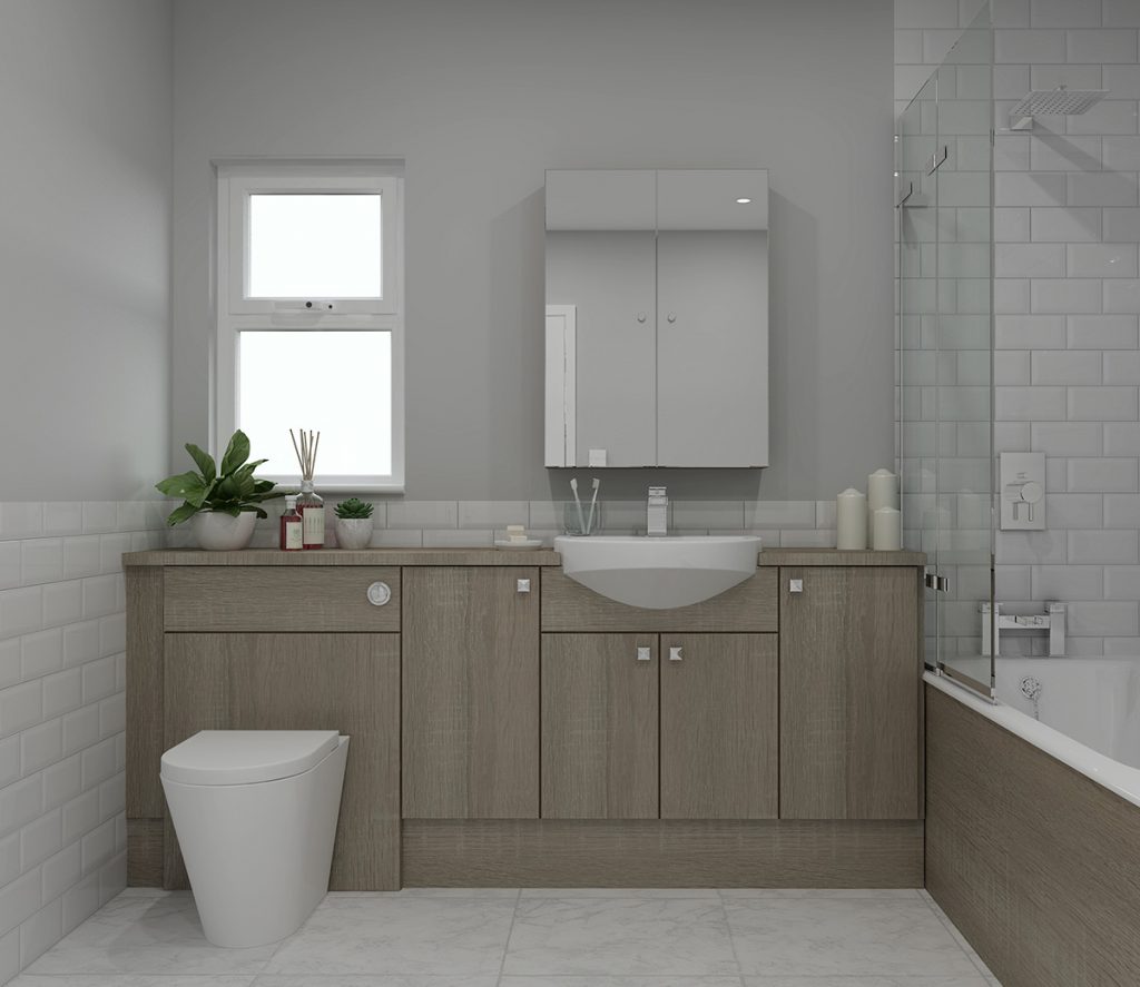 stylish modern bathroom with wooden storage solutions