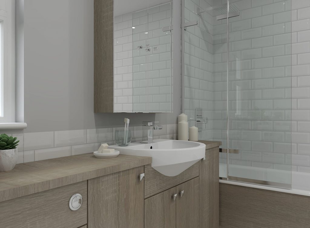 Modern wood and white ceramics style designer bathroom