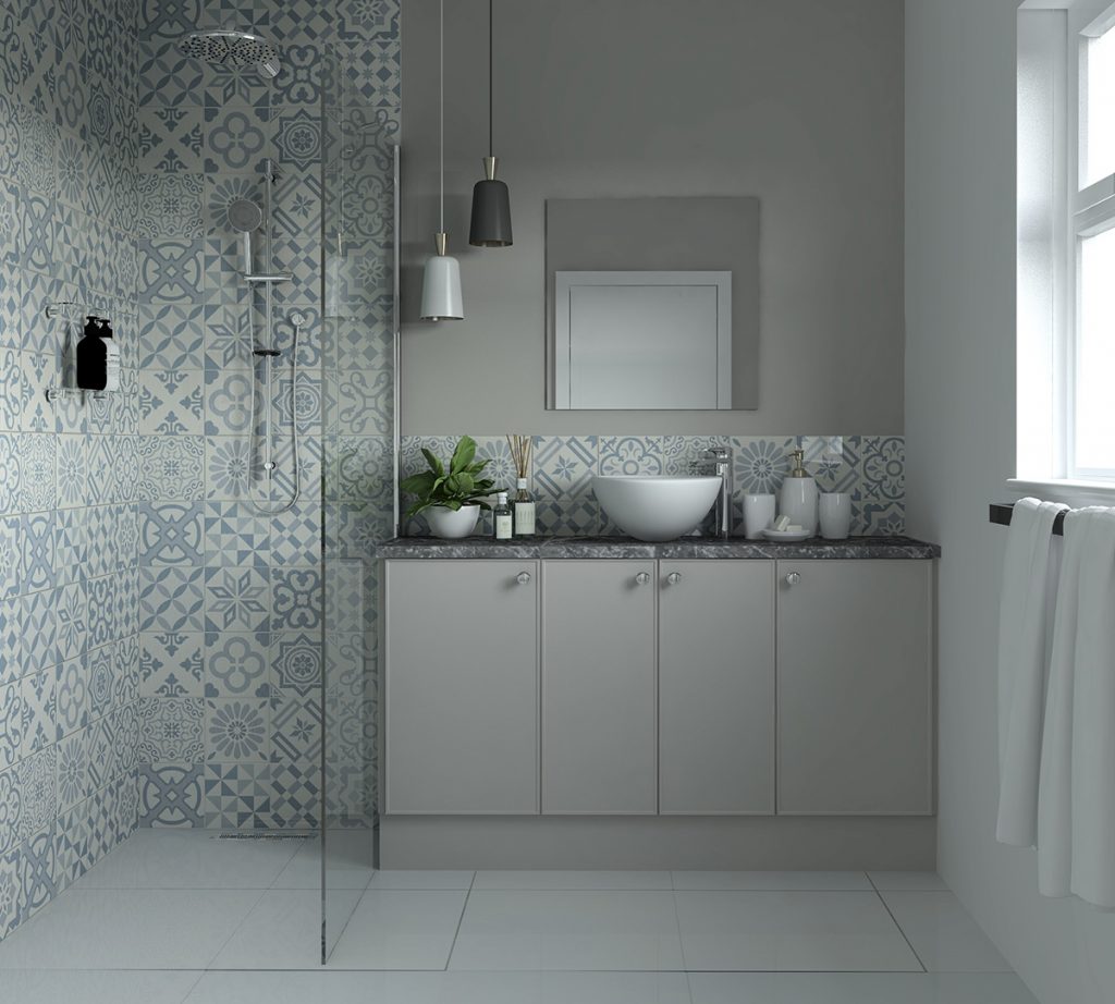 A smooth gloss Articad Mereway bathroom design with a walk in shower