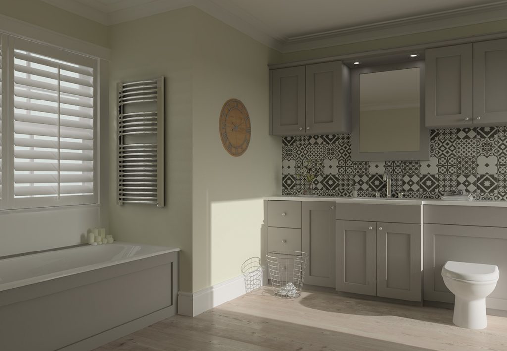 Articad Mereway Bathroom with grey shaker style bathroom furniture and modern grey tiles