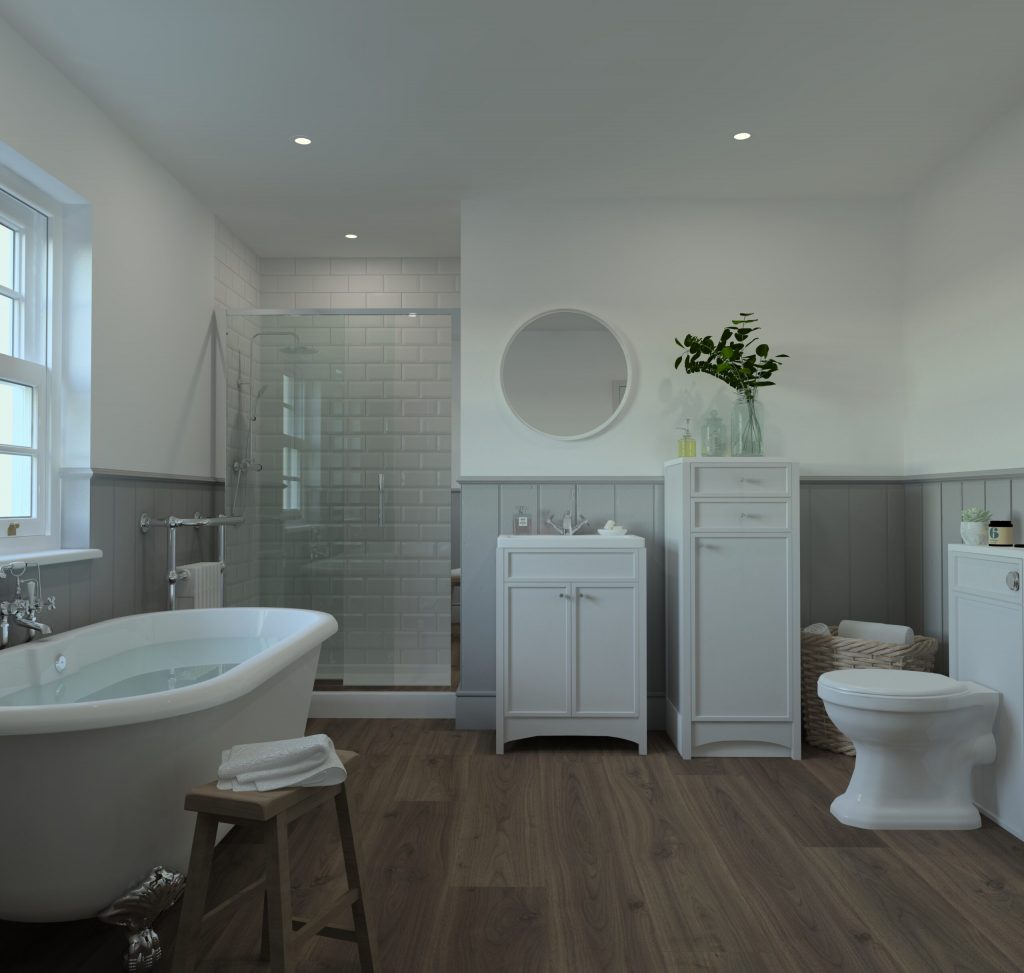 A traditional luxury shaker style bathroom with walk in shower and a roll top bath