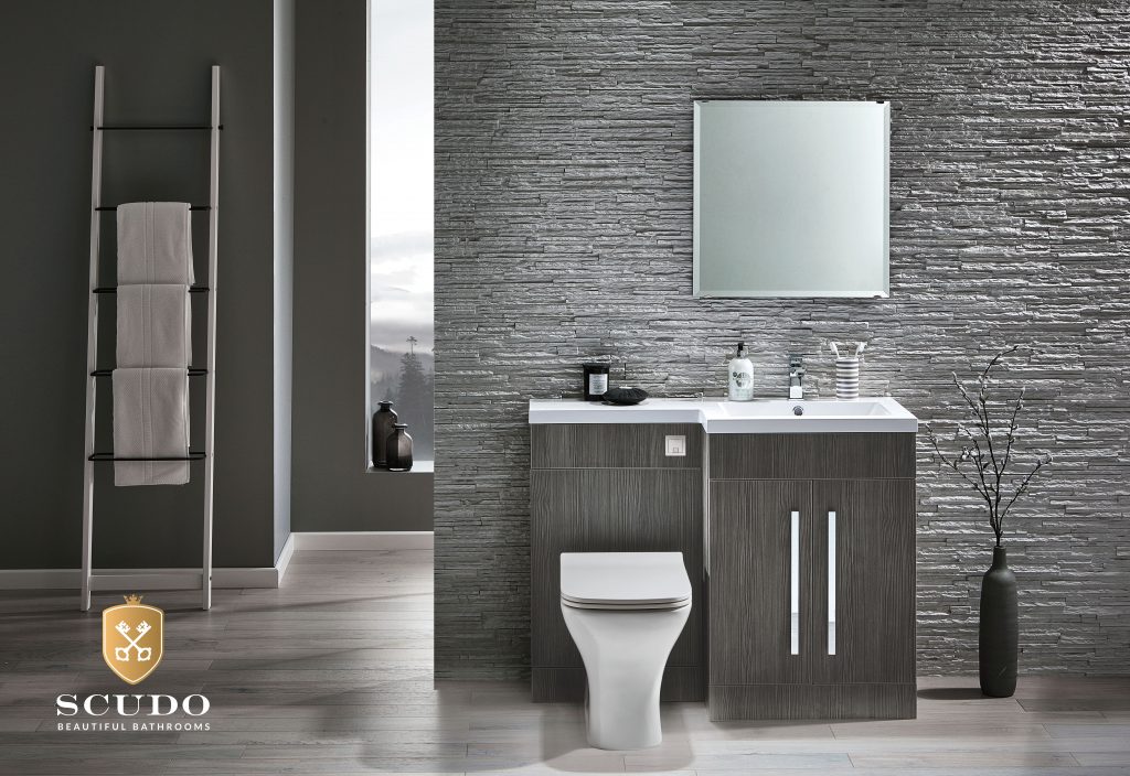 A Scudo vanity unit with sink and toilet