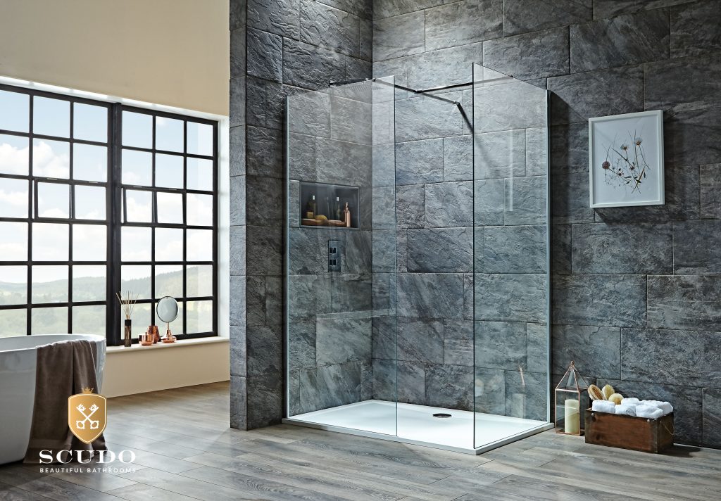 A large Scudo walk in shower with slate tiles