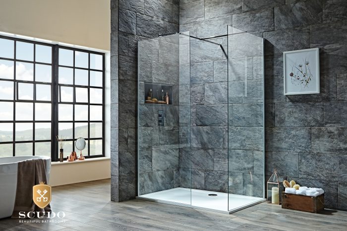 A large Scudo walk in shower with slate tiles